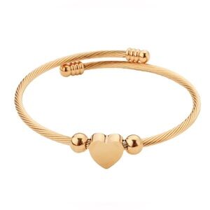 Gold Heart Bangle Cable Cuff Bracelet